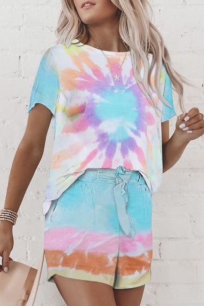 

dhl for pajamas tiedye for female pyjama korte sets met ronde hals en tie-dye tie dye pocket t shirt desert pink nice garden2010, Blue;gray