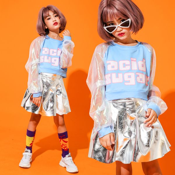 

kids jazz hip hop dance clothes skirts for girls ballroom dancing costumes lace crop silver pu skirts dance show suits wear, Black;red