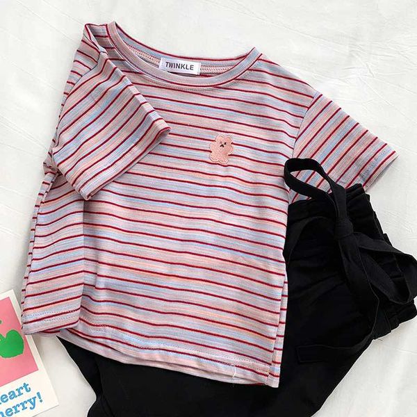 

mooirue women 2020 pink striped short t shirt o neck embroidery streetwear vintage korean style women tee, White