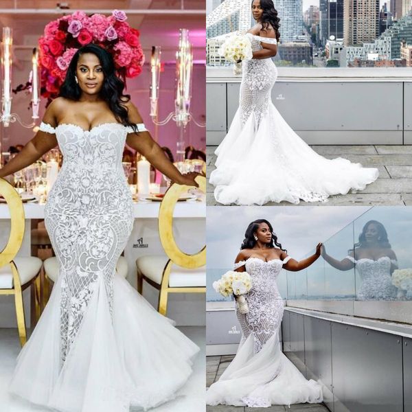 

luxury arabic sleeveless wedding dresses with lace applique sweetheart neckline off shoulder mermaid wedding dress sweep train bridal gowns, White