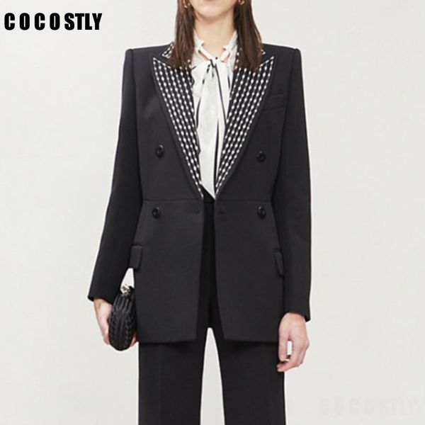 

осень дамы офис черный blazer куртка элегантный высокое качество алмазные украшения двойной брестед женственный тонкий костюм для женщин, White;black