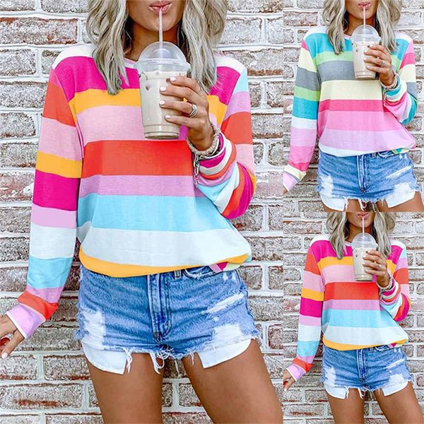 

красочно полосатых для женщин tshirts причинной o шеи длинного рукава женщины дизайнера футболка сыпучей осени женской одежда топы, White