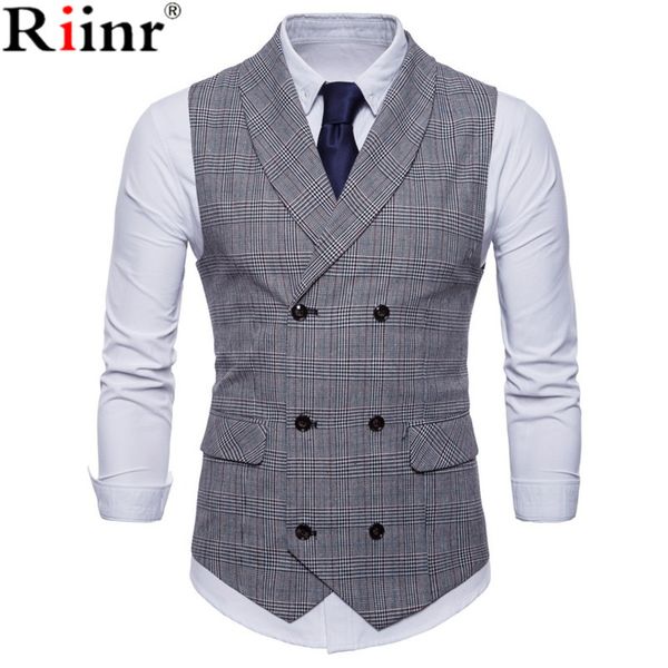 

riinr 2019 brand suit vest men jacket sleeveless beige gray brown vintage tweed vest fashion spring autumn plus size waistcoat, Black;white