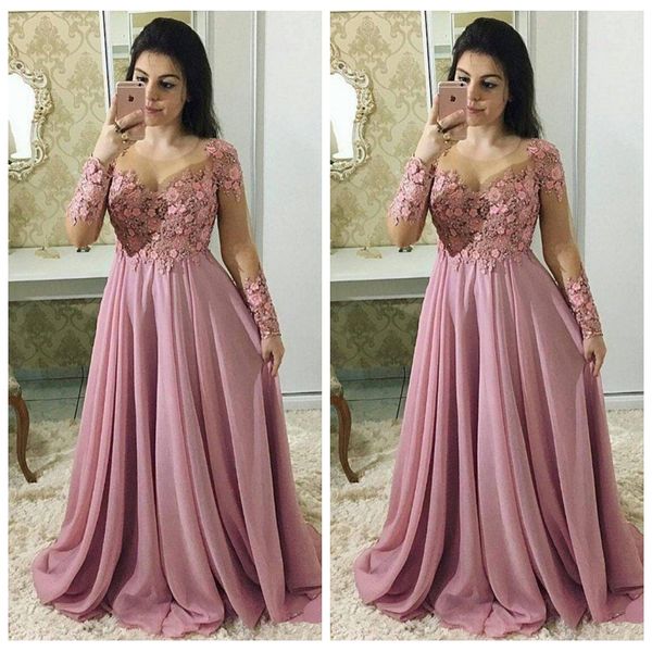 

sheer long sleeves a-line chiffon prom dresses with 3d flowers appliques beaded evening party gowns 2020 mother's party gowns custom, Black