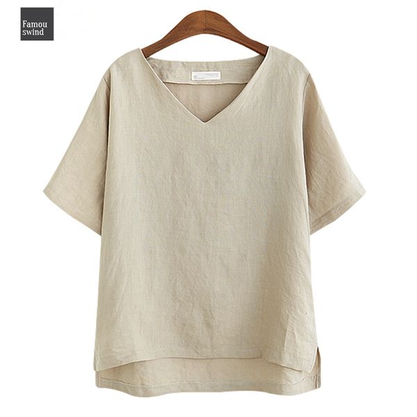 

mode v hals t shirt vrouwen dunne basic t shirt zomer witte tshirt katoen vintage vlas t shirts xxxl, White
