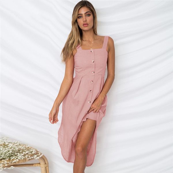 

summer dress woman dresses casual sleeveless button sundress women polyester backless spaghetti strap mid calf irregular dresses, Black;gray