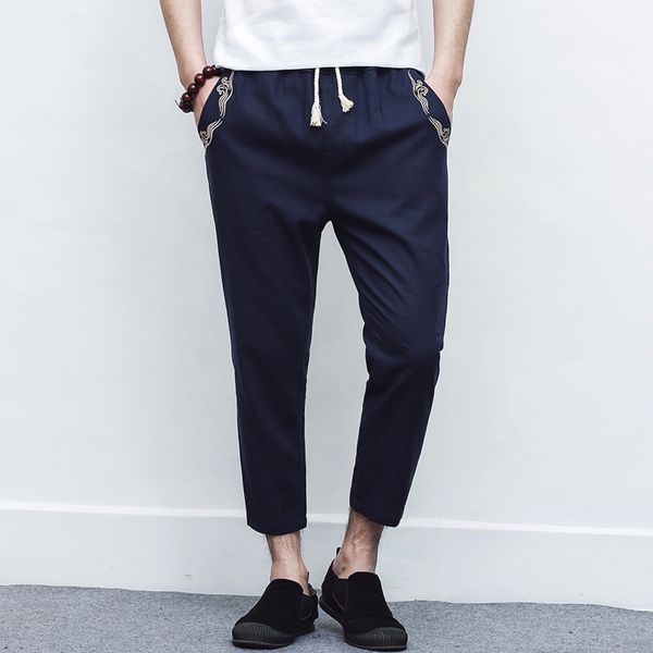 

2017 summer men's cotton linen nine pants casual pants male linen embroidery 9 points thin section of harlan, Black