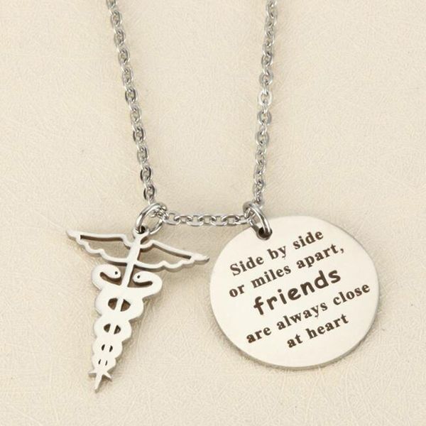 

stainless steel personalize engraved round pendant friends necklace side by side or miles apart -long distance friendship gifts, Silver