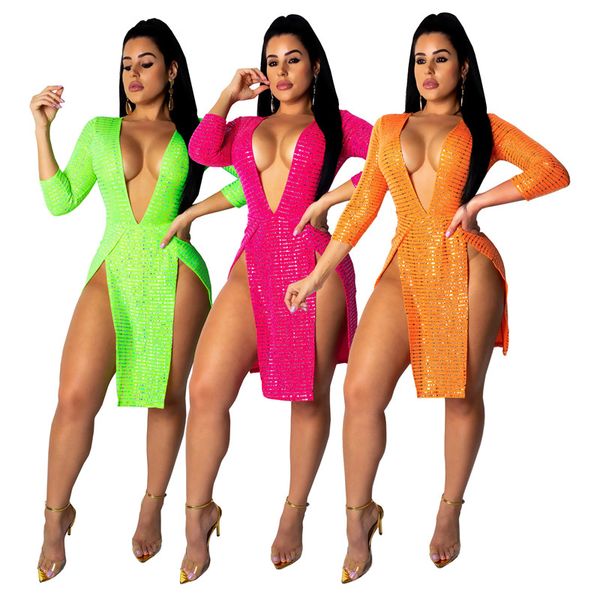 

зеленый оранжевый сексуальный плюс размер платье женщины глубокий v-образным вырезом боковое платье бинты элегантный бронзовый с длинным рук, White;black