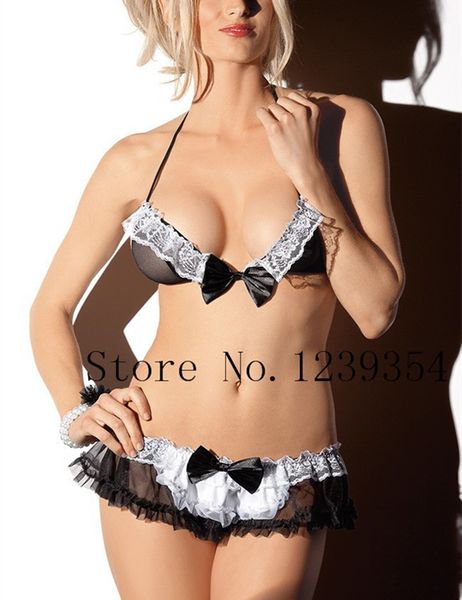 

slips nurse maid cosplay uniform hat + bra + panties mini skirt intimates women half slip set, Black;red