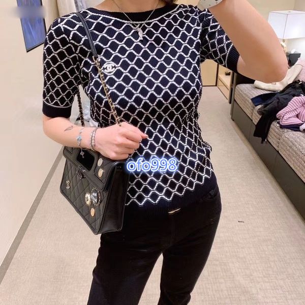

high end womens girls knitted t-shirt color matching back u collar wave letter printing back u collar short sleeve blouse shirt tee pullover, White