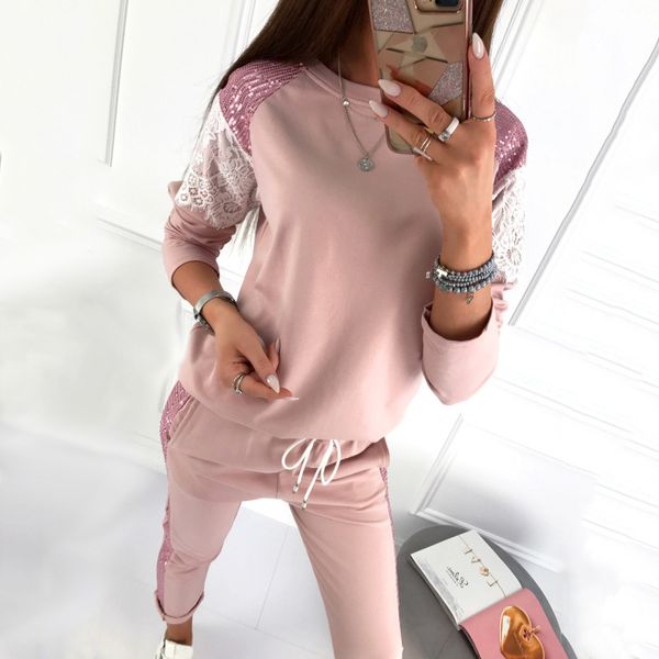 

весна женская хит цвет блестки набор круглый вырез шнурок длинные брюки 2 шт наборы женская дизайнерская повседневная одежда, White