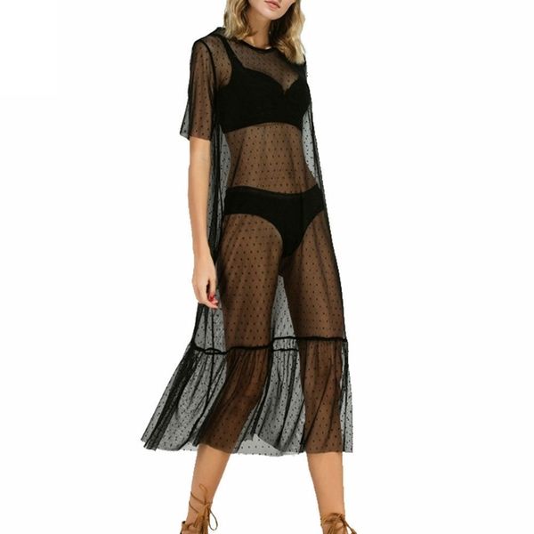 

long dress woman clothes women party evening black mesh dress sheer dot dress tulle lace drop shipping, Black;gray