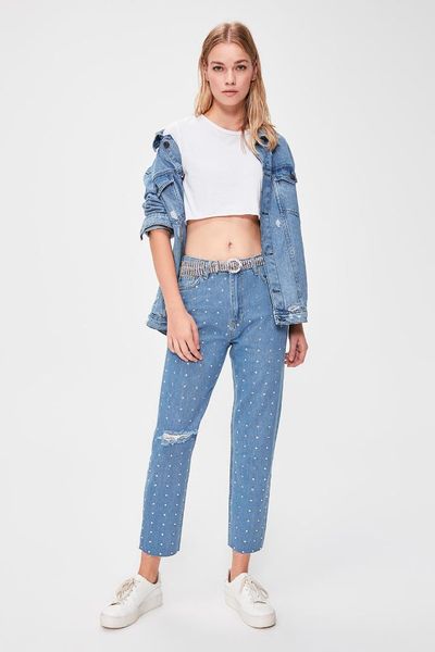 

trendyol cubic zirconia high bel mom jeans twoaw20je0235, Blue