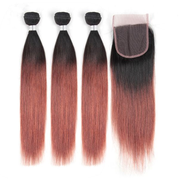 1b 33 Dark Auburn Ombre Indian Hair 3bundles With Closure Straight Copper Red Human Hair Bundles With Closure Reddish Brown Weave Wefts Real Human