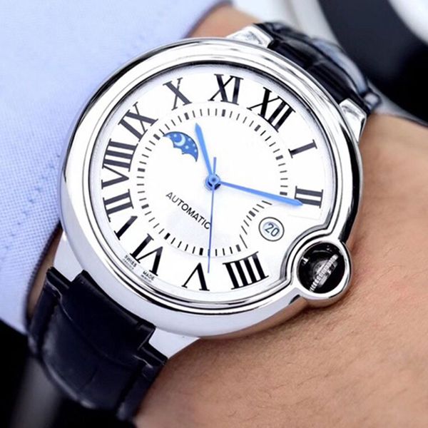 

luxury mens watches car ballon classic fashion mechanical automatic watch 316l stainless steel case leather band moon phase men wristwatches, Slivery;brown