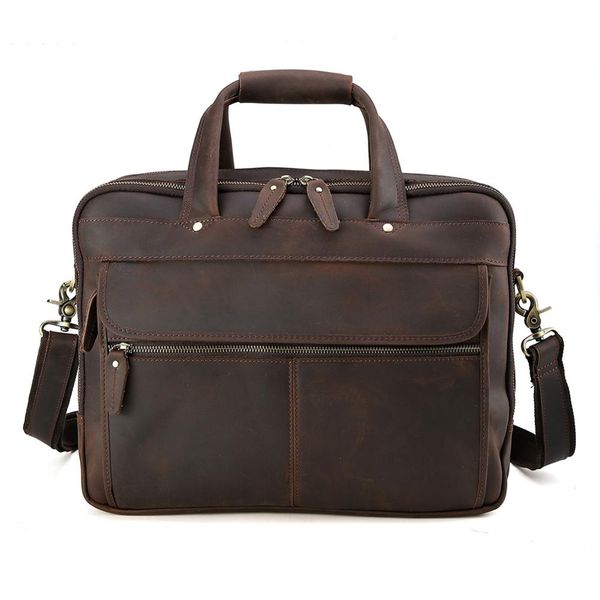 

tiding crazy horse leather men's business briefcase 16 inch computer bag layer cowhide multi-layer handbag dark brown 1305