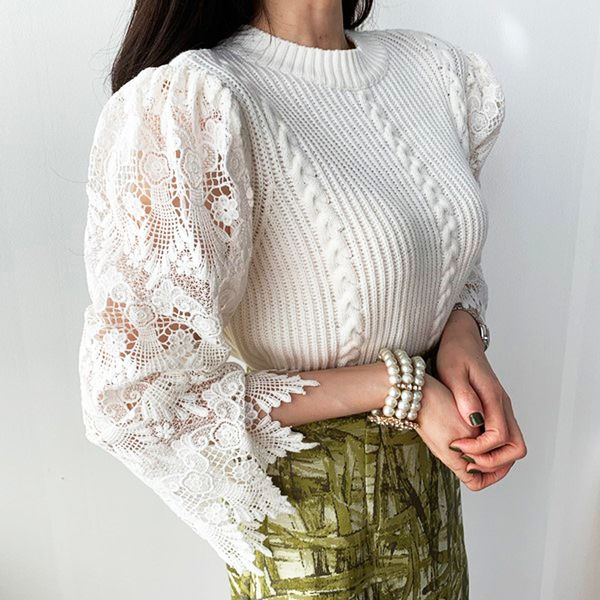 

vogue solid color hollow out patchwork pullover knitted sweater women fashion autumn elegant pull femme chic sweater women sl313, White;black