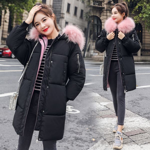 

winter women jacket 2020 winter long letter print parkas coat warm big fur collar causal hooded parkas jacket women coat we099, Black
