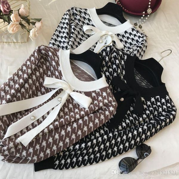 

new design women's lacing bow collar houndstooth grid plaid knitted long sleeve single breasted sweater cardigan coat casacos, White;black