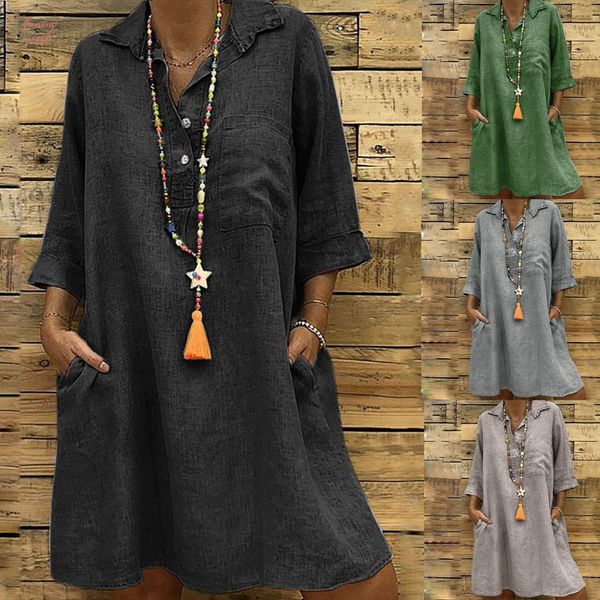 

Plus Large Size Best Sale 2019 Womens Solid Boho Turn Down Collar Dress 3 4 Sleeve Button Dress Vestido @6 Designer Clothes, Black;gray