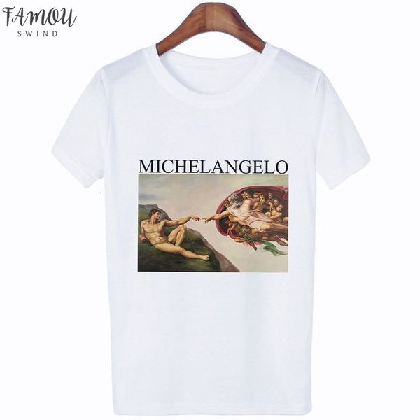 

2020 fashion michelangelo sistina art print women t shirts loose short sleeved o neck casual tumblr pink harajuku tees, White