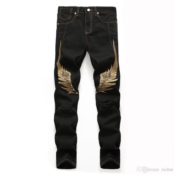 

уникальные мужские крыла вышивки рваных джинсов тощего модельер vintage straight leg slim fit motocycle scratched байкер джинсовые брюки jb8, Blue