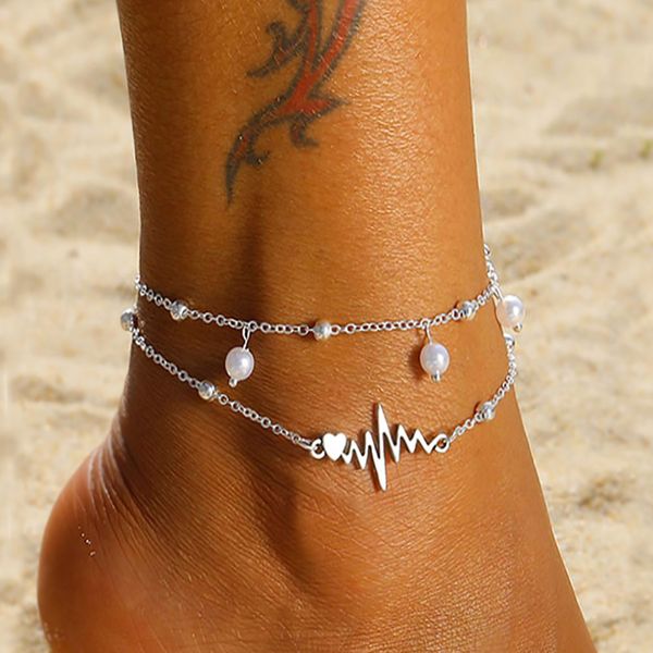 

famshin design fashion anklets bracelet for ankle 2019 vintage silver simulation pearl heart beads anklet woman bohemian jewelry, Red;blue