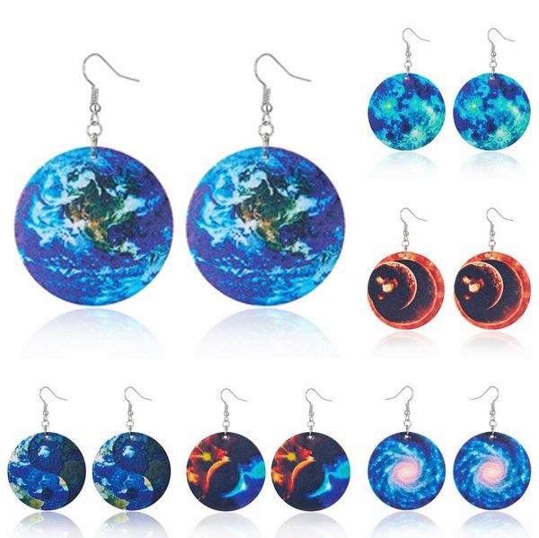 

sell printed earth planet universe solar system galaxy pu leather pendant earrings graffiti arts ear hooked eardrop jewelry statement, Silver