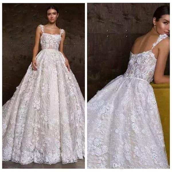 

luxurious spaghetti lace appliques wedding dresses a-line beaded princess bridal gowns dubai robe de marriage customized vestido de novia, White