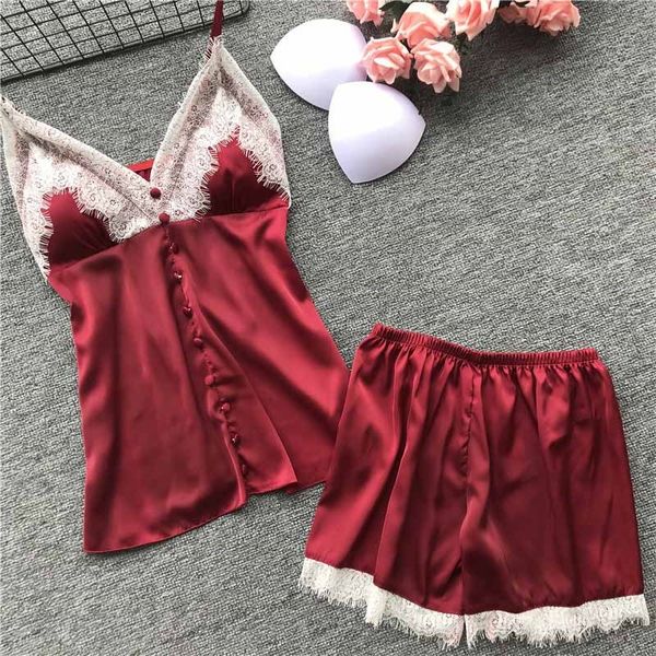

2 piece set summer women pajamas set satin top patchwork lace shorts spaghetti strap lace sexy sleepwear, Black;red
