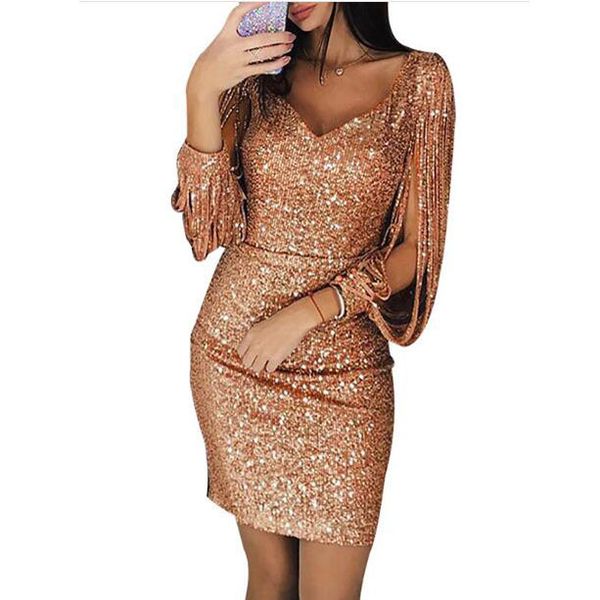 

stylish women dress casual plus size shining tassels club party prom dresses v-neck bodycon mini dress multi colors a2, Black;gray