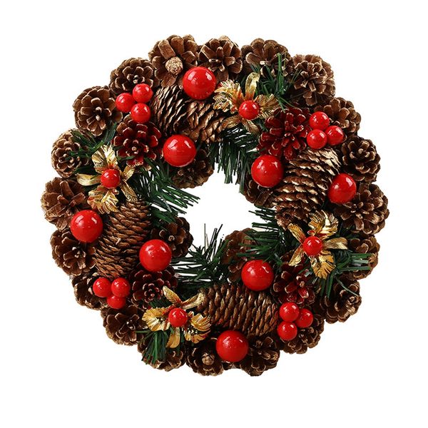 

27cm christmas wreath handmade rattan garland artificial pine cone red berry festival hanging door wreath christmas decoration