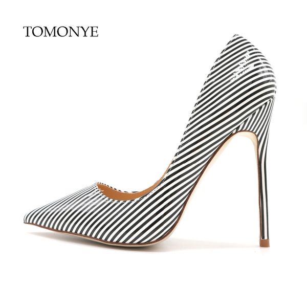 

black wite stripe shallow pointed toe women ladies spring autumn summer 12cm high heel pump party eveing shoes pump wedding