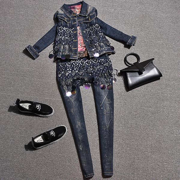 

plus size 3xl women 2 piece set jacket and pencil jeans tassel sequins jeans denim set women two piece sets, White