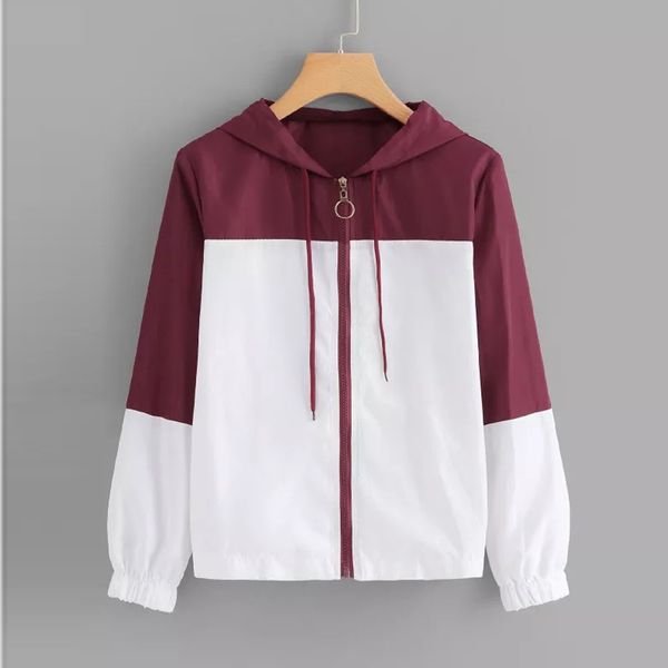 

women long-sleeved windbreaker thin coat with hood thin skinsuits hooded zip floral pockets sport coat, Black;white