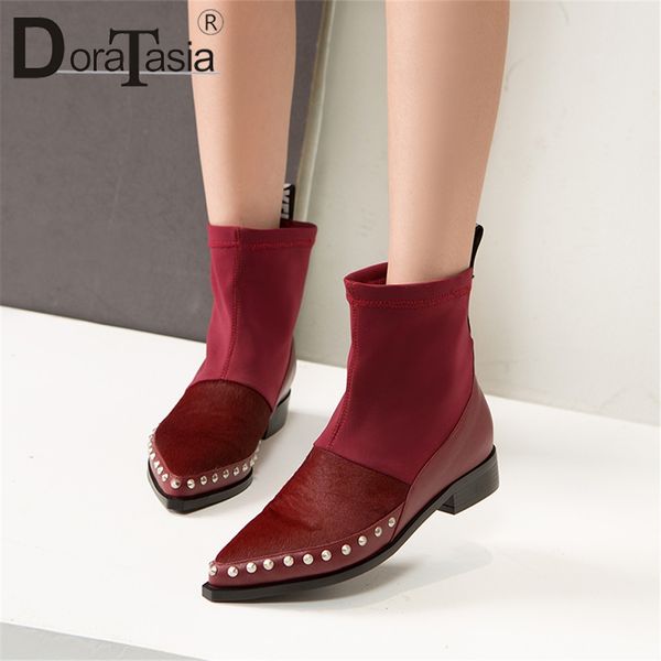 

doratasia new brand genuine leather horsehair boots women fashion rivet ladies pointed toe shoes woman casual party ankle boots, Black