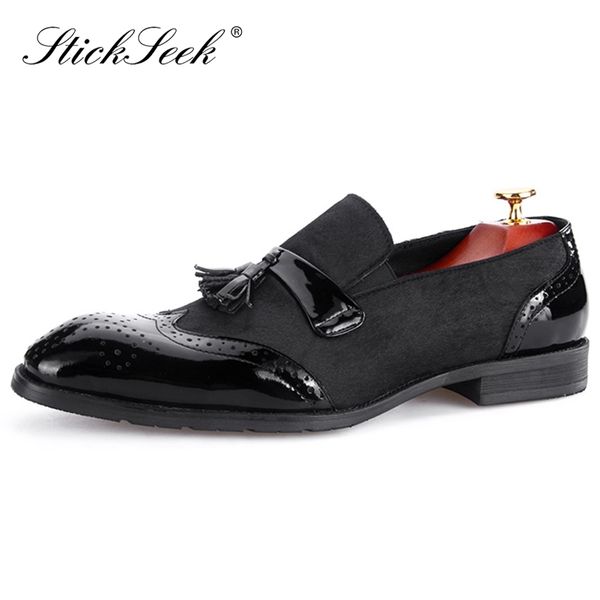 

new design patent leather formal dress wingtip brogue shoes square toe slip on fur outside men's banquet welted loafers sk140, Black