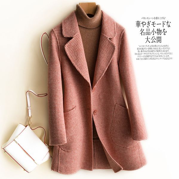 

winter woman coats 2019 new high-end double-sided 100% wool coat loose long-sleeved plaid woolen coat long female jacket, Black