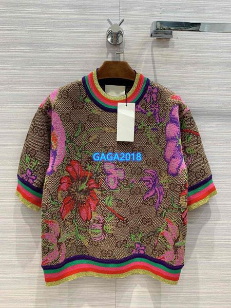 

высокого класса женщины девушки вязать шерстяные футболки по всему взаимосвязанных письмо цветочный узор короткий рукав футболка модный диза, White