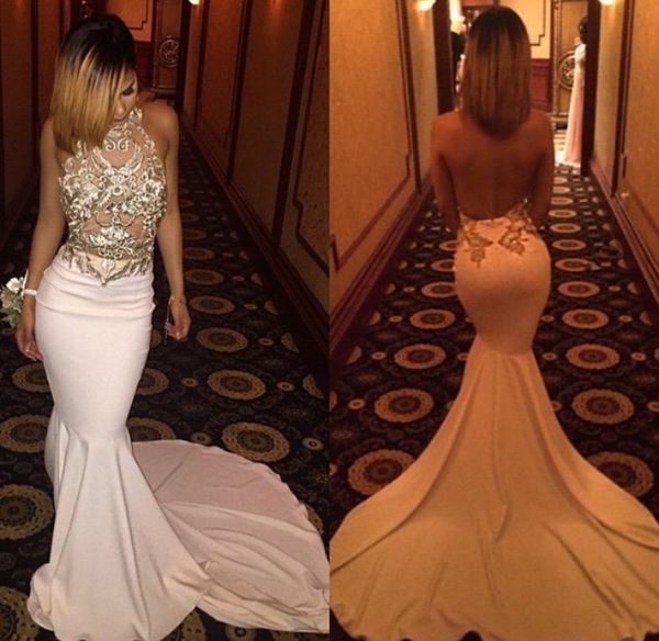 

backless evening dresses 2019 new mermaid halter sheer embroidery jersey courttrain formal gowns vestidos de noche, Black;red