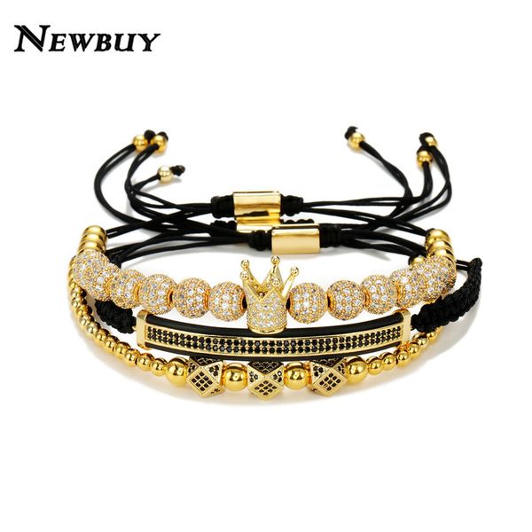 

newbuy 3pcs/set + cubic zirconia beads bracelets & bangles for men handmade braided rope chain crown charm bracelet, Golden;silver
