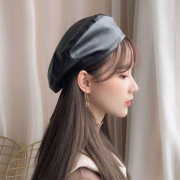 

maxsiti u parent-child fashion black pu berets women and girls solid color flat painter hat, Blue;gray