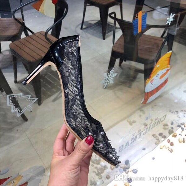 

2019 high heel pumps blingbling women shoes high heels stilettos black lace mesh studded spikes party shoes wedding pumps point toe