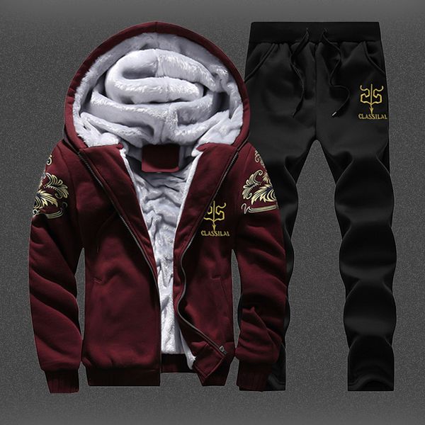 

2pc winter warm hoodies men zipper velvet thick hooded sweatshirts overcoat brand clothing 4xl casual tracksuit male hoodie set, Black