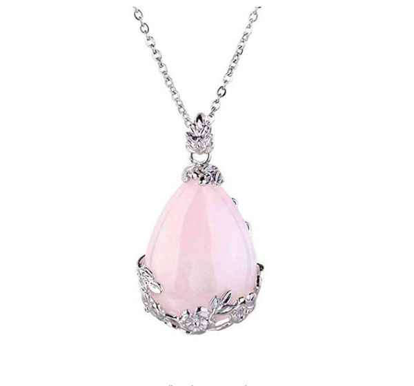 

fyjs unique jewelry silver plated flower wrap water drop natural rose pink quartz pendant for women necklace