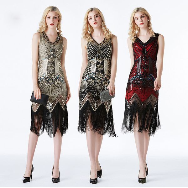 

women party sequin dress formal occasions women elegant long dress fashion tassel female sleeveless v-neck dress, White;black