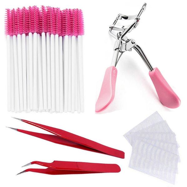 

50pcs disposable eyelash brush 1pc eyelash curler 2pcs extension tweezers 100 pcs fabrics pads set
