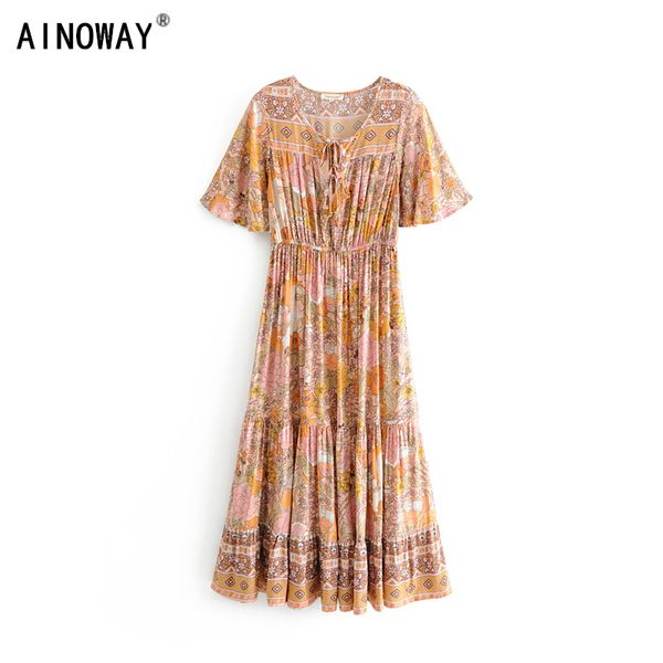 

vintage chic women short sleeve floral print beach bohemian maxi dress ladies lace-up rayon boho pleated dress vestidos, White;black