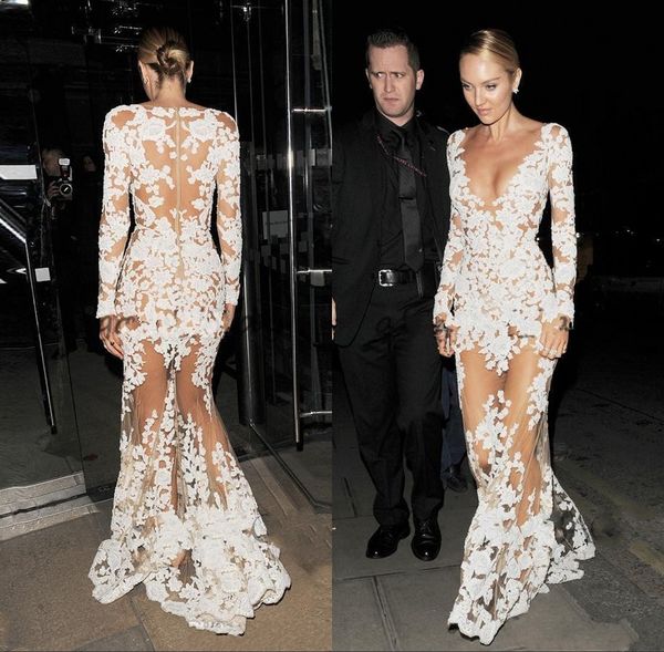 

Sexy Celebrity Prom Dresses 2019 Deep V Neck Long Sleeve Appliques Tulle See Through Illusion Nude White Evening Gowns Party Dress